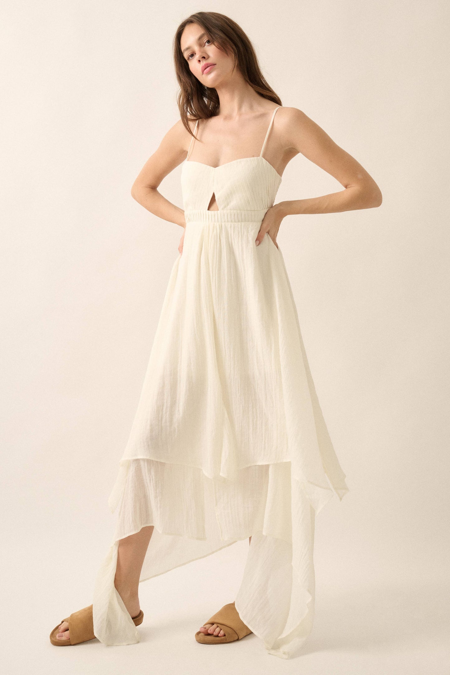 Janet - Pleated Keyhole-Bodice Layered Gauze Maxi Dress