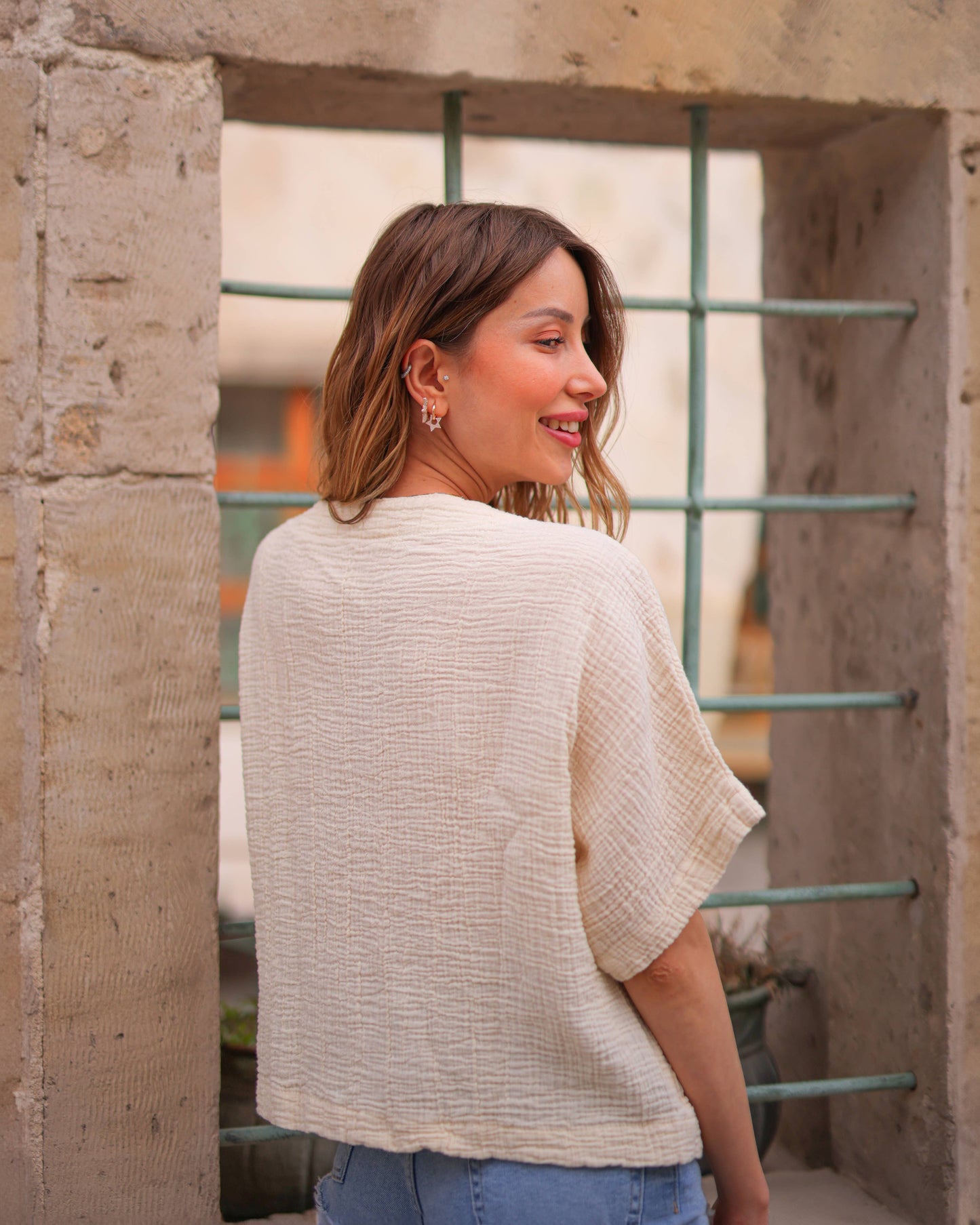 Double Gauze Muslin Cotton V-Neck Top