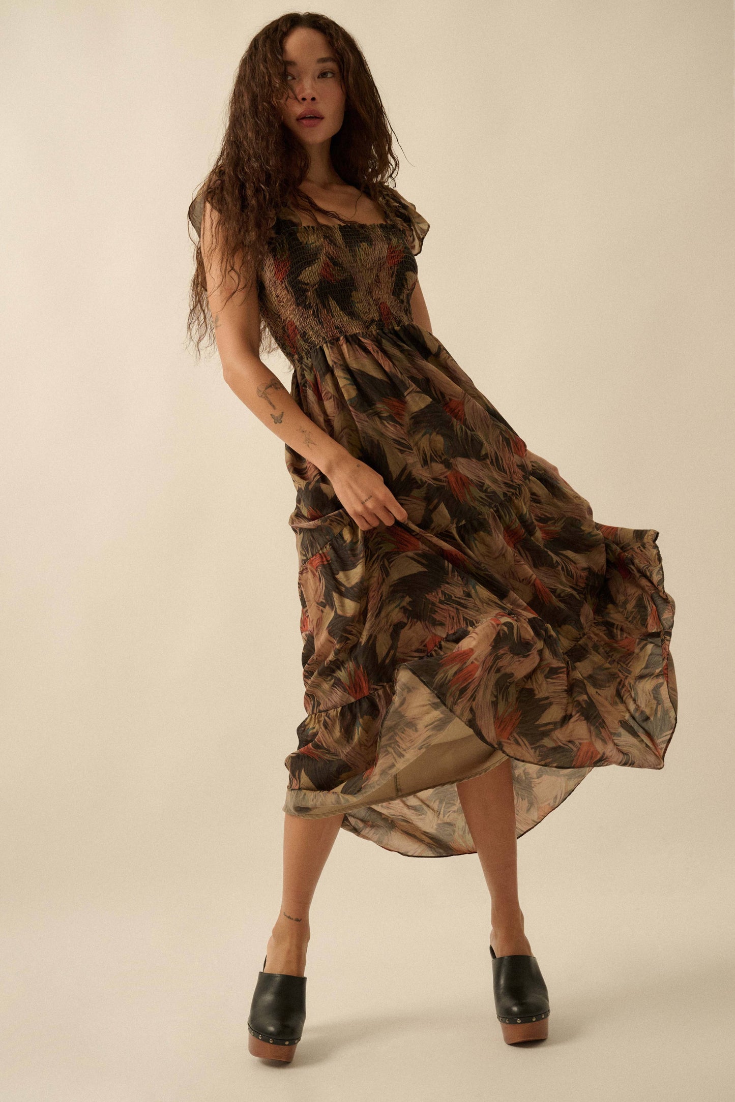 Elaine Abstract-Print Smocked Ruffle Midi Dress