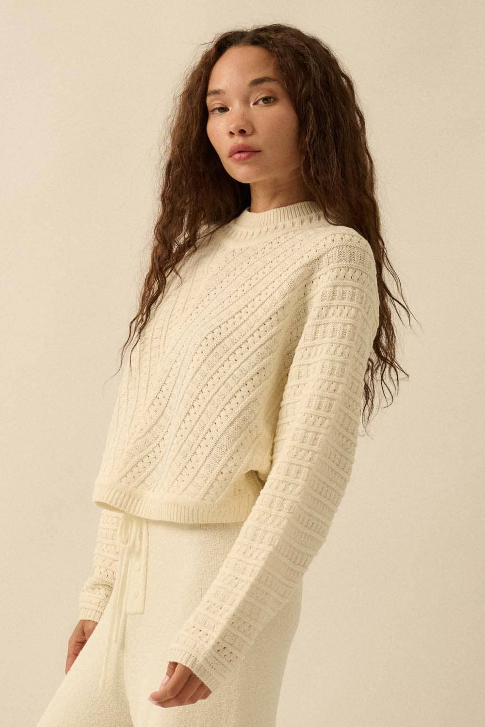 Iris - Solid Cable Knit Dolman-Sleeve Sweater
