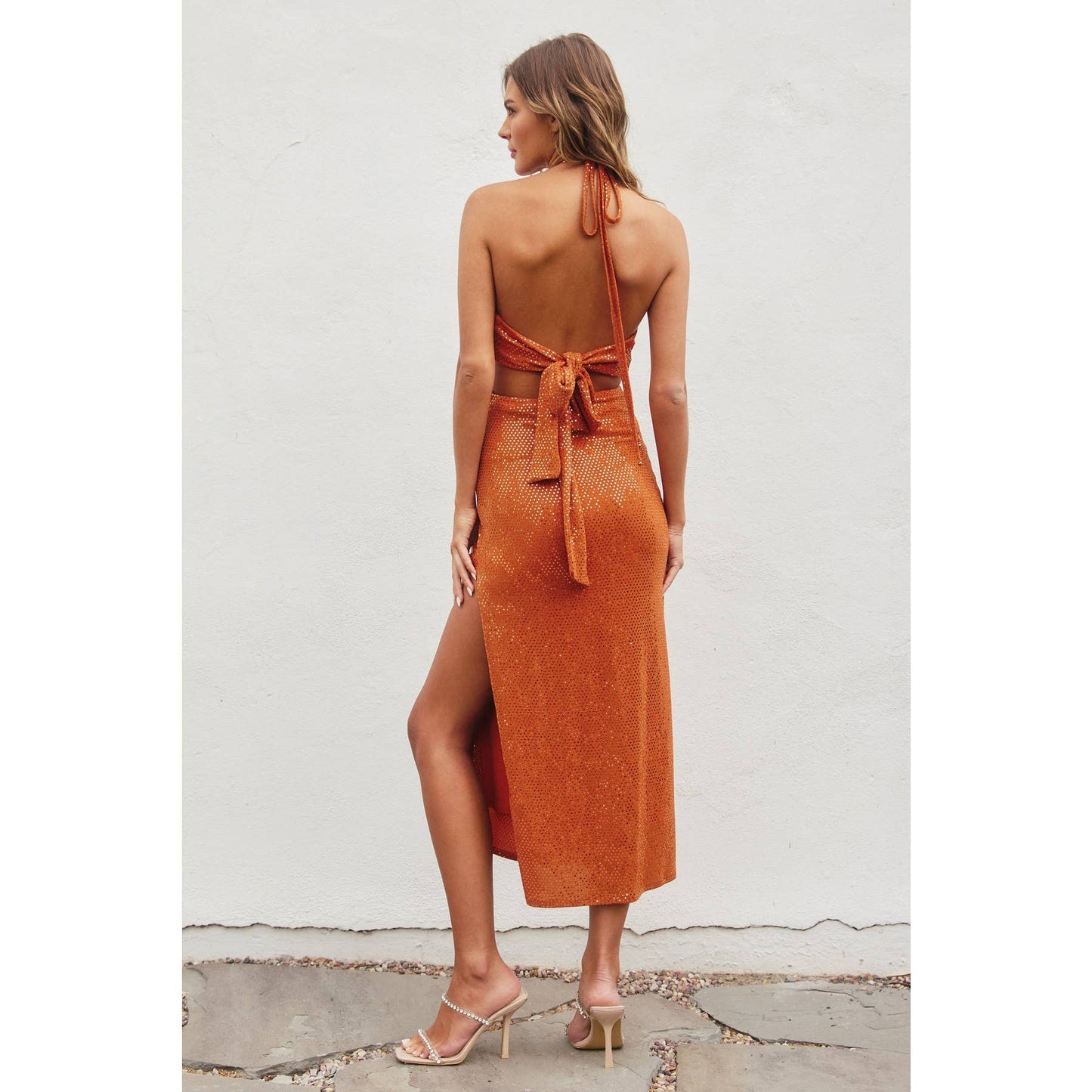 Ophelia - Orange Embellished Halter Neck Cutout Maxi Dress