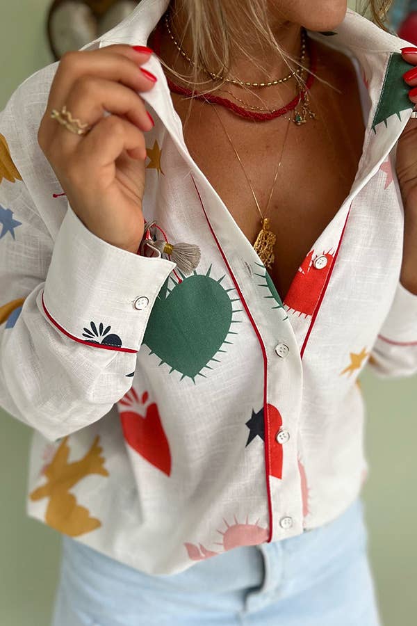 Sunny Print Button Long Sleeve Loose Blouse Rosa