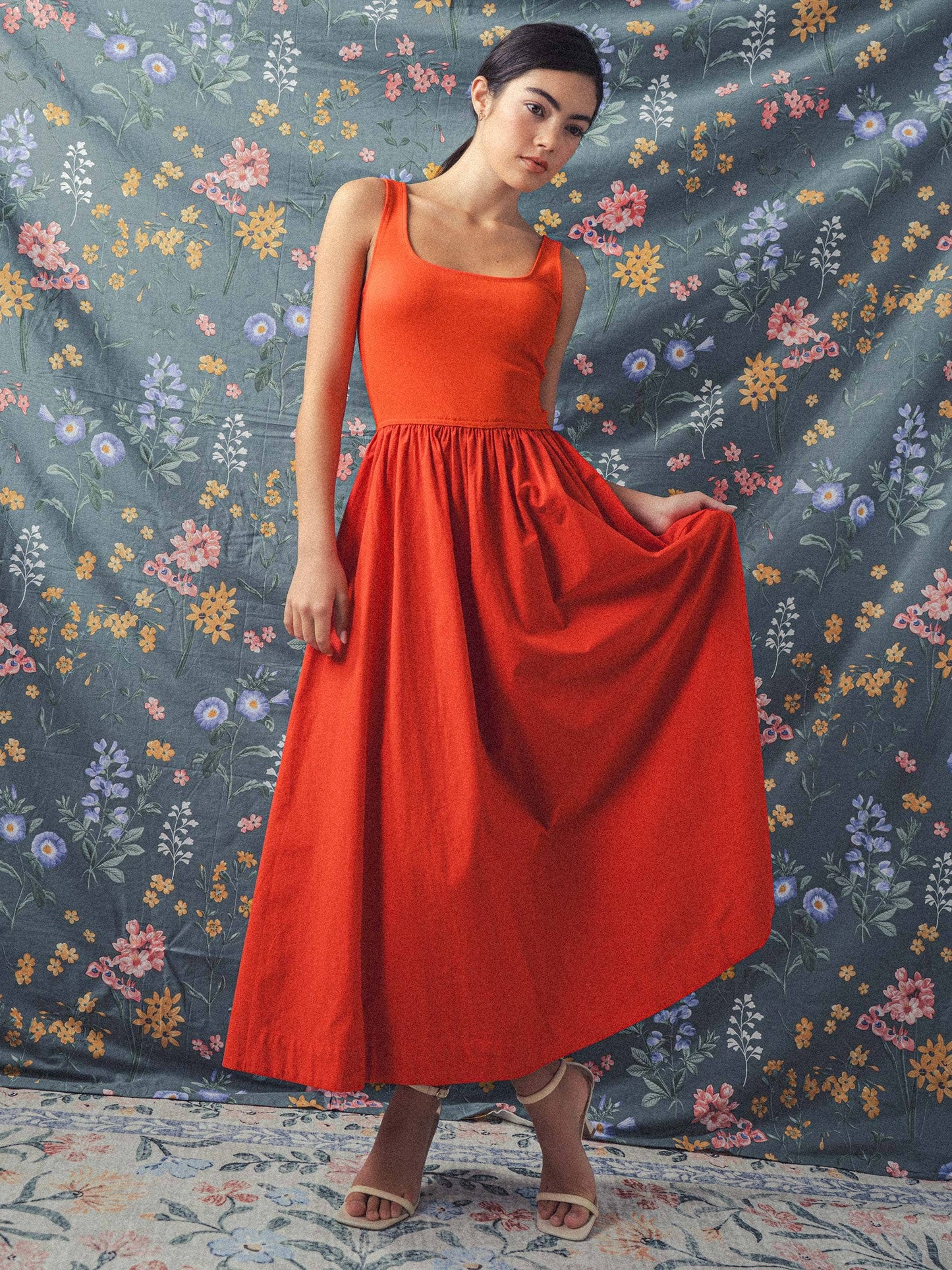 Erica - Square Neck Cotton Blend Gathered Waist Midi Dress