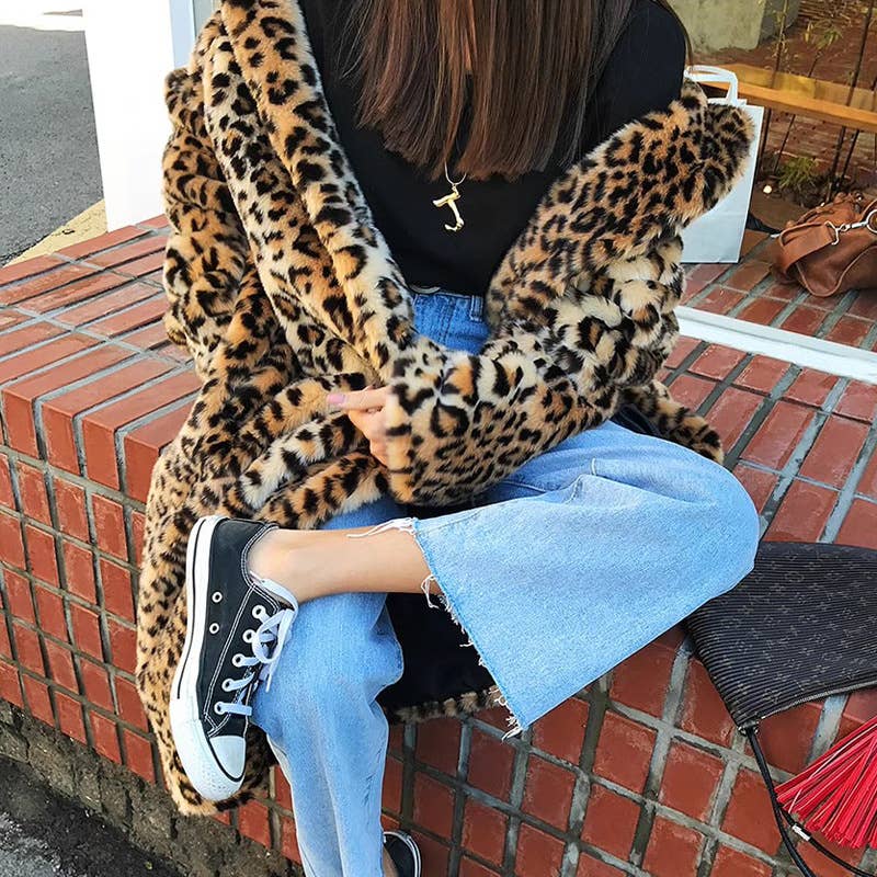 Audrey - Street Wild Leopard Pattern Faux Fur Long Coat