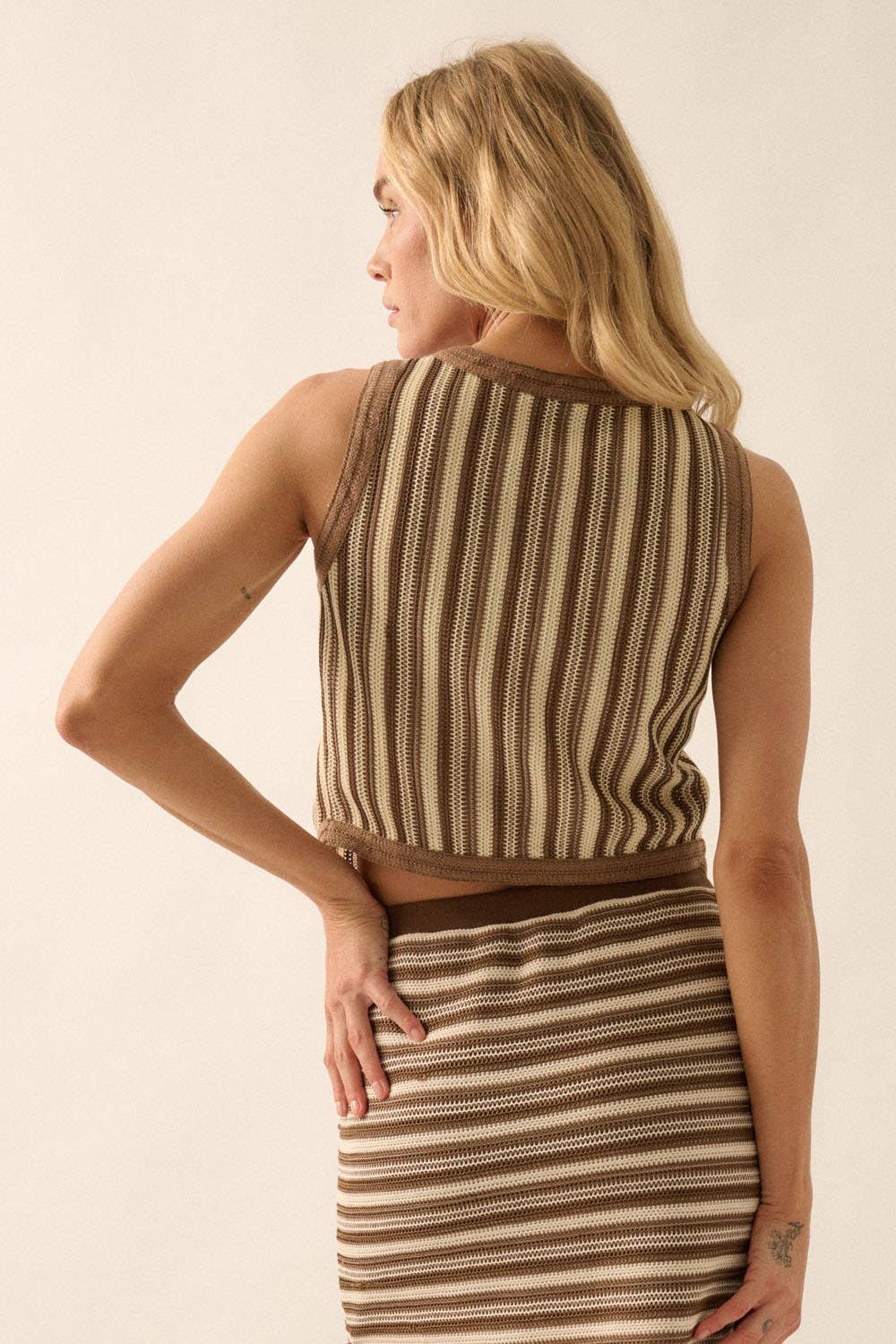Sandra Striped Crochet-Knit Button-Front Cropped Vest Top
