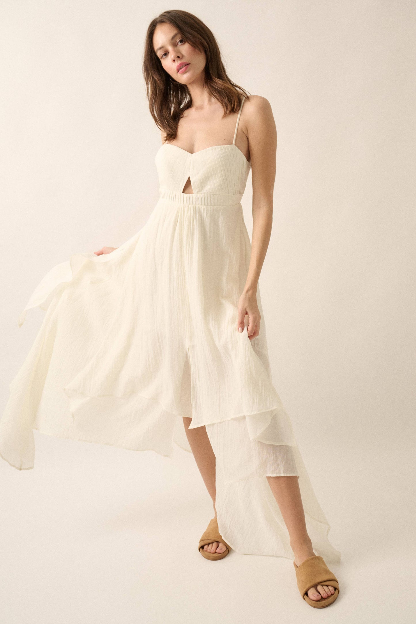 Janet - Pleated Keyhole-Bodice Layered Gauze Maxi Dress