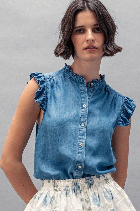 Felicia - Flutter Sleeve Pearl Button Ruffle Trim Tencel Denim Top