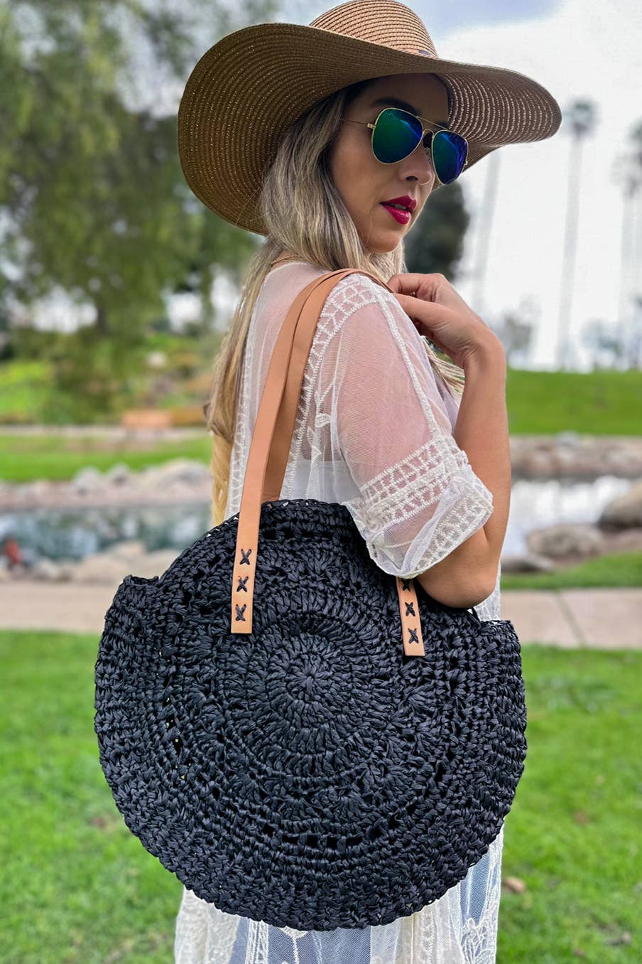 Black Summer Straw Natural Beach Casual Lightweight Tote Bag