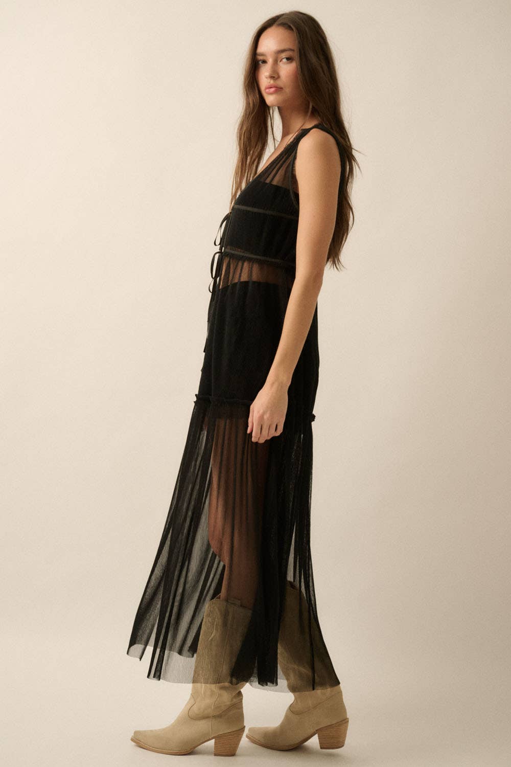 Beth Sheer Tulle Ruffled Tie-Front Layering Maxi Top