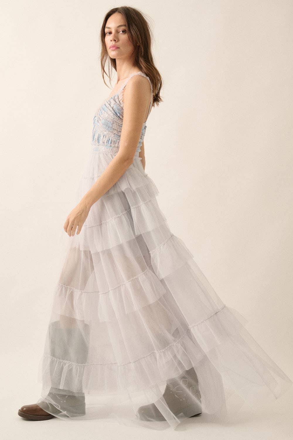 Frida - Floral Lace and Tulle Tiered Ruffle Maxi Dress