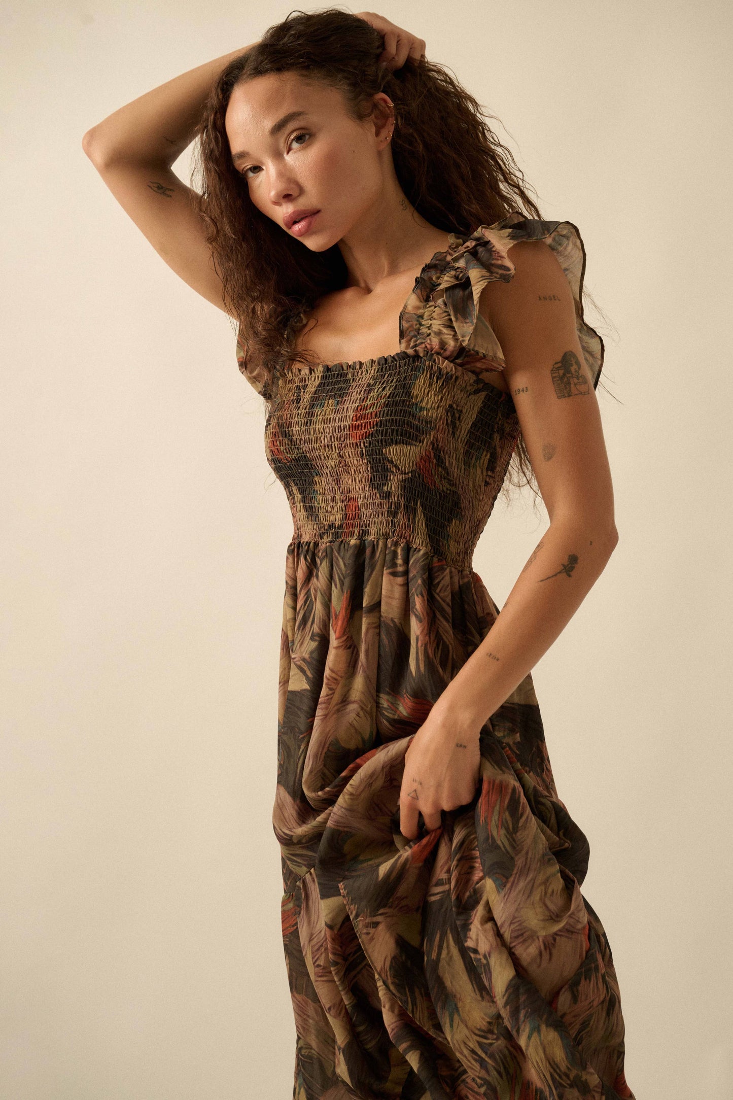 Elaine Abstract-Print Smocked Ruffle Midi Dress