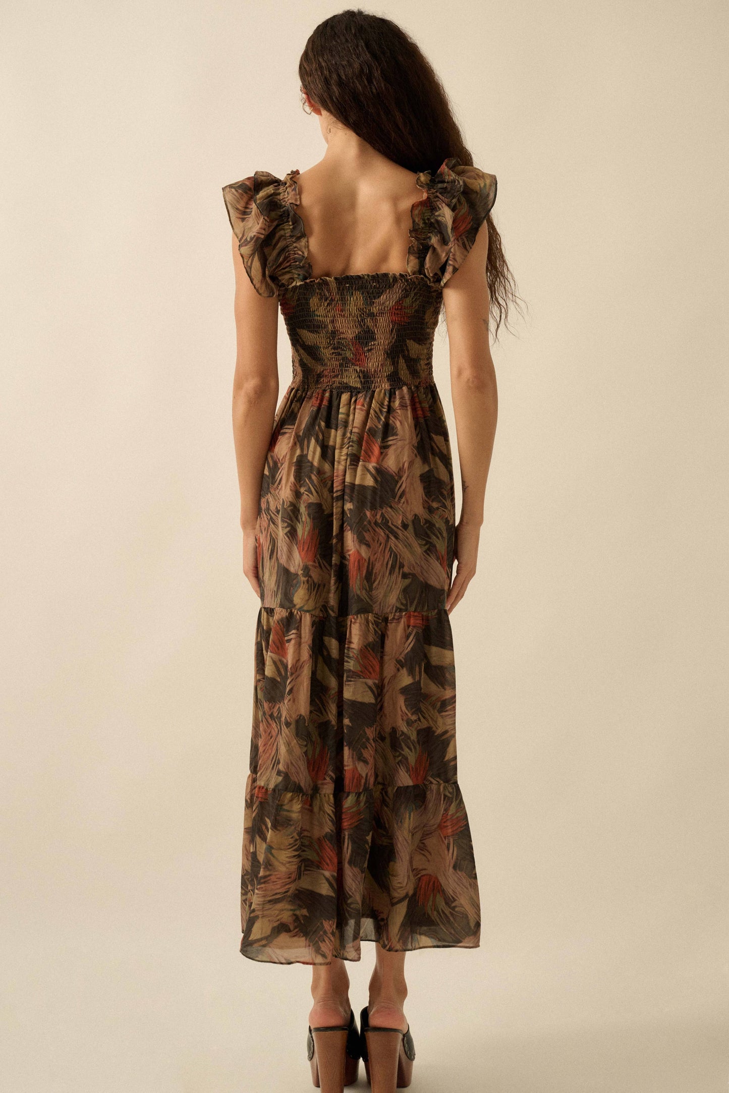 Elaine Abstract-Print Smocked Ruffle Midi Dress