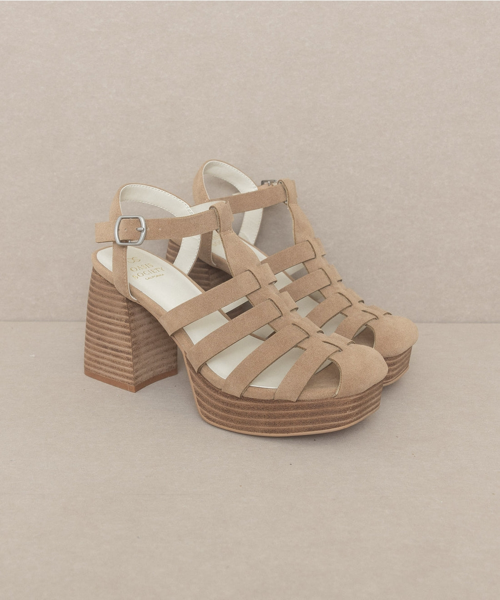 Oasis Society -The Hailee Khaki | Gladiator Cage Platform Heels