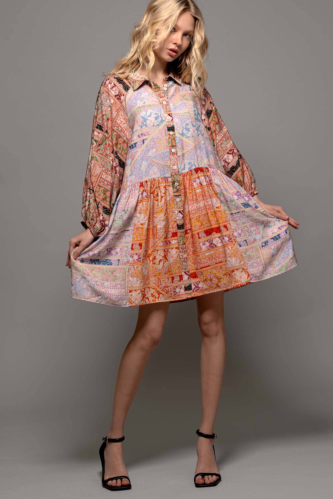Retro Bohemian Button Down Balloon Sleeve Mini Dress