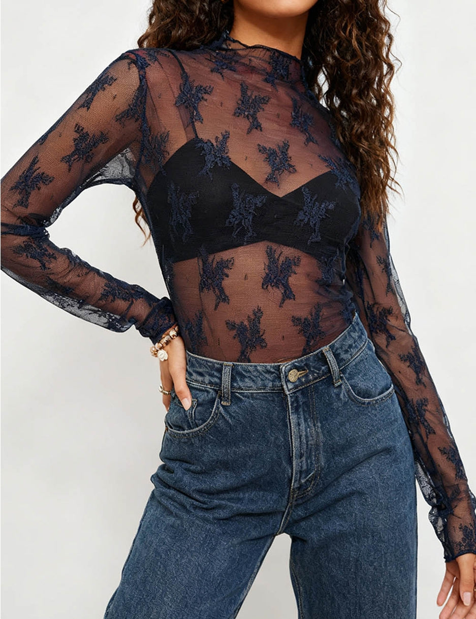 Lux Lace Sheer Long-Sleeve Top
