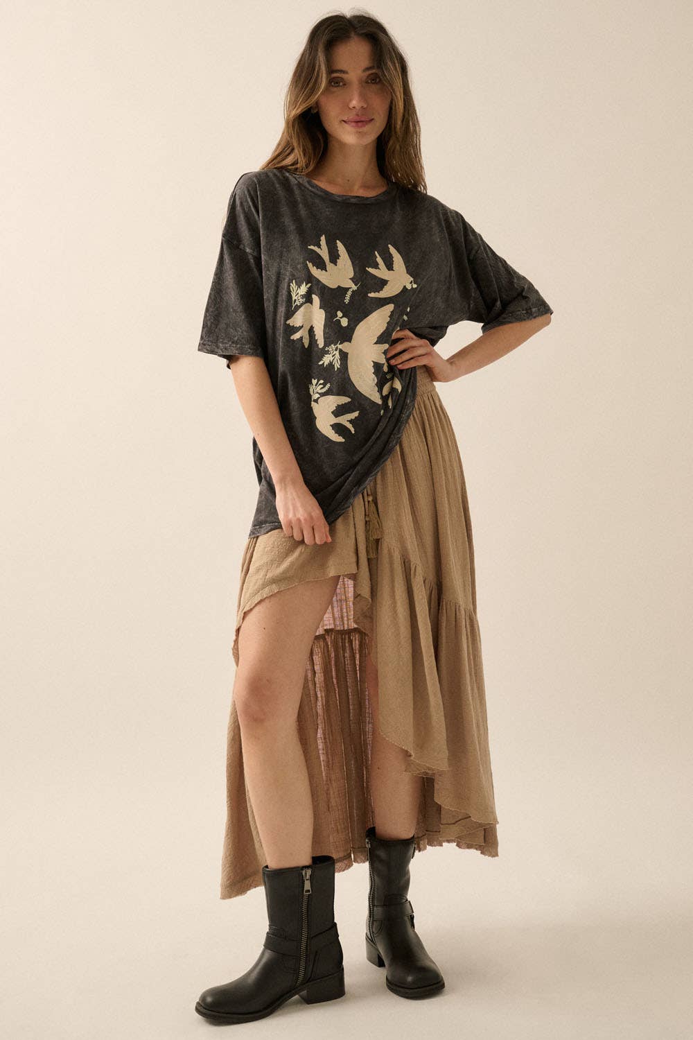 Val - Vintage Birds Mineral Washed Oversized Graphic Tee