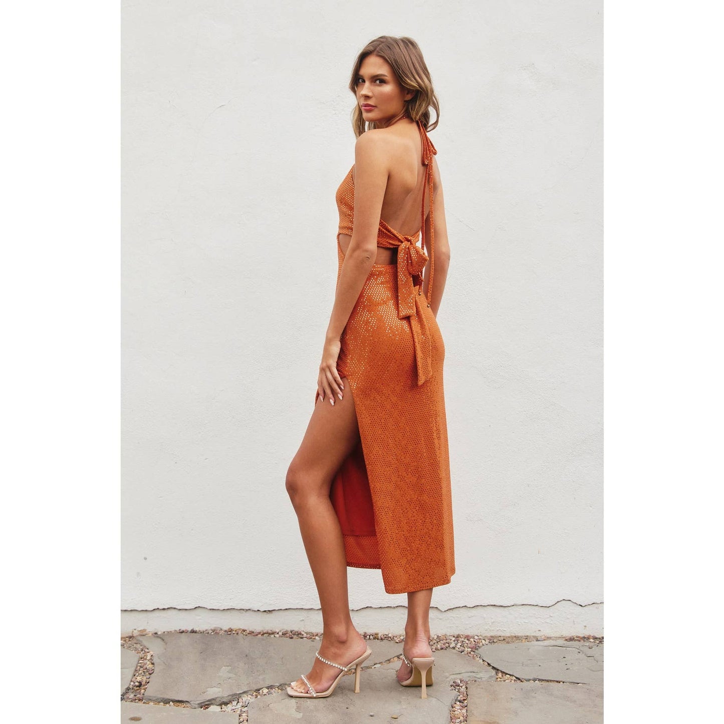 Ophelia - Orange Embellished Halter Neck Cutout Maxi Dress