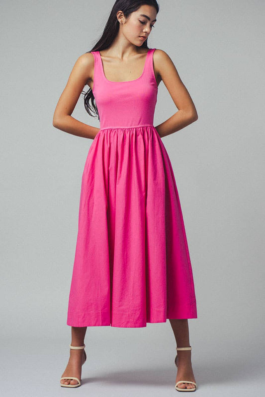 Erica -  Square Neck Cotton Blend Gathered Waist Midi Dress