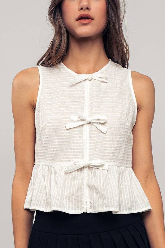 Robin -Romantic Triple Bow Front Textured White Babydoll Vest