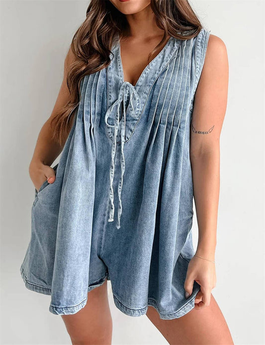Elena - Ladies Tie Front V-Neck Sleeveless Denim Romper