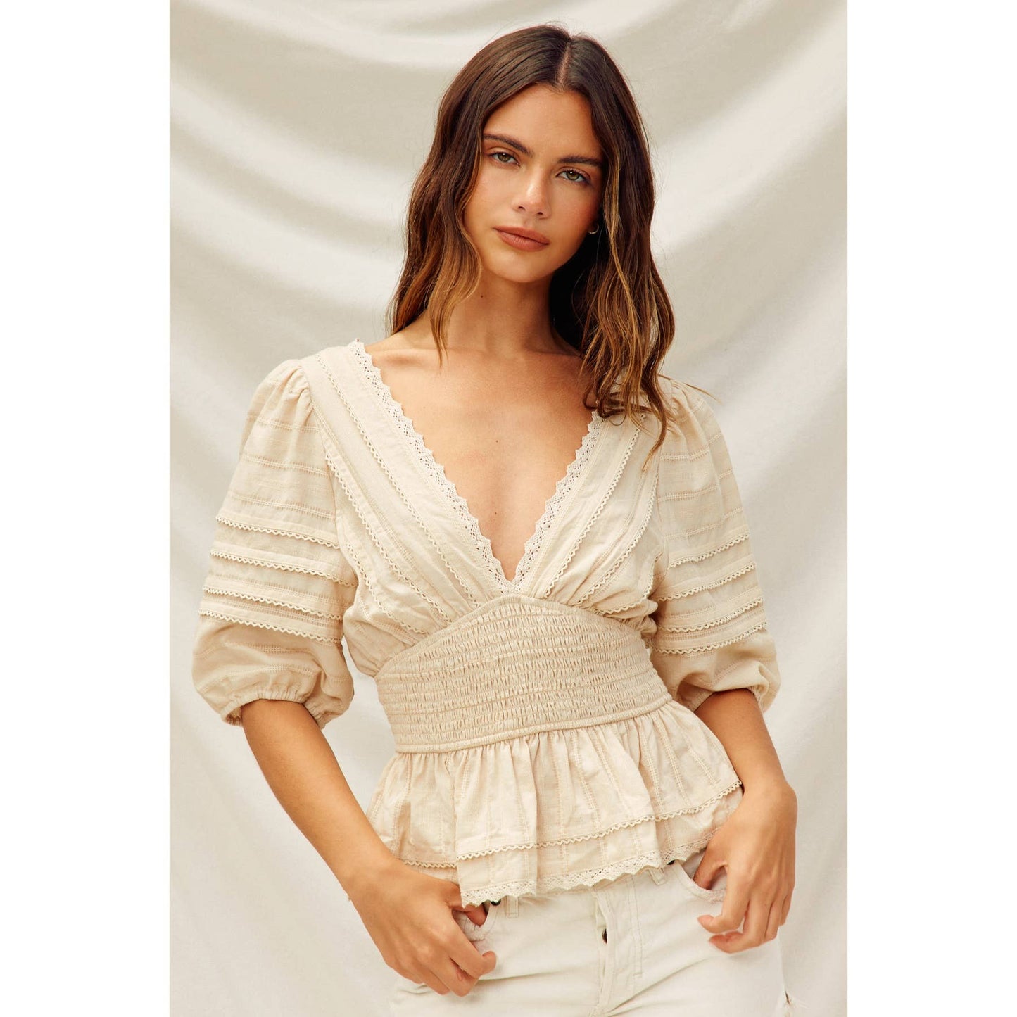Pearl - Lacy Cotton Jacquard Smocked Waist Peplum Top