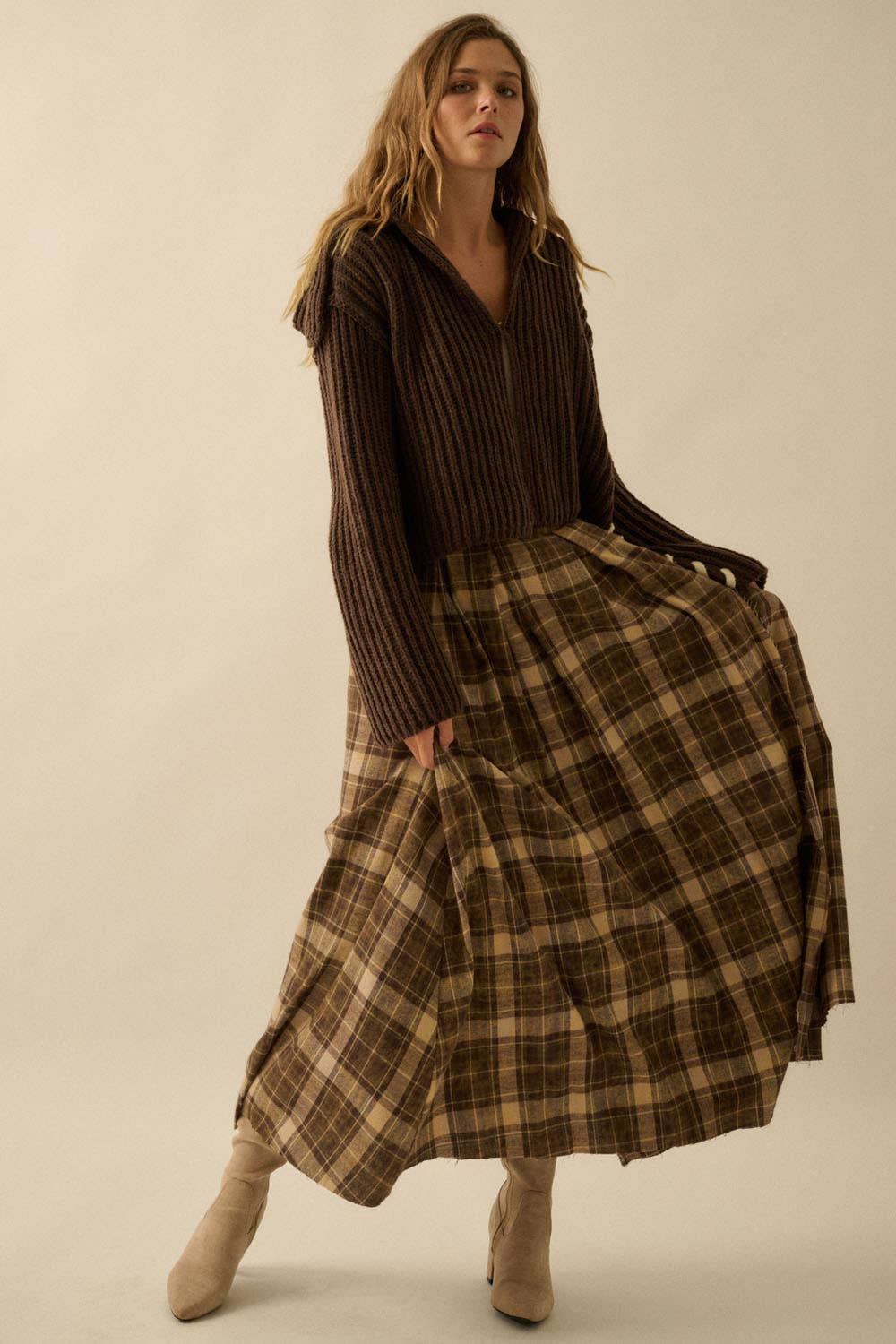 Daisy Plaid Raw Hem Maxi Skirt