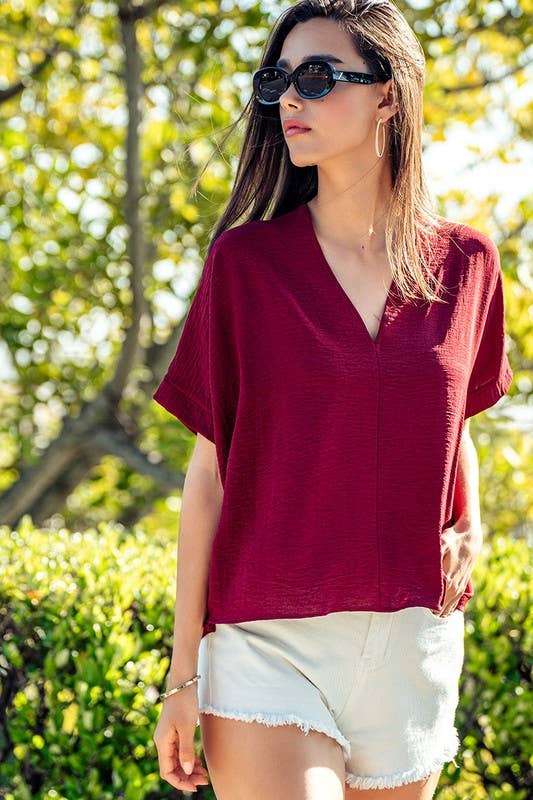 Olivia V-Neck Folded Short Sleeve Top-GD