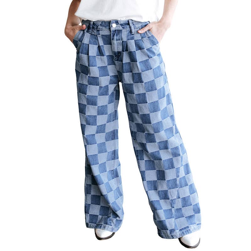 Cora - checkerboard high-waist wide-leg jeans