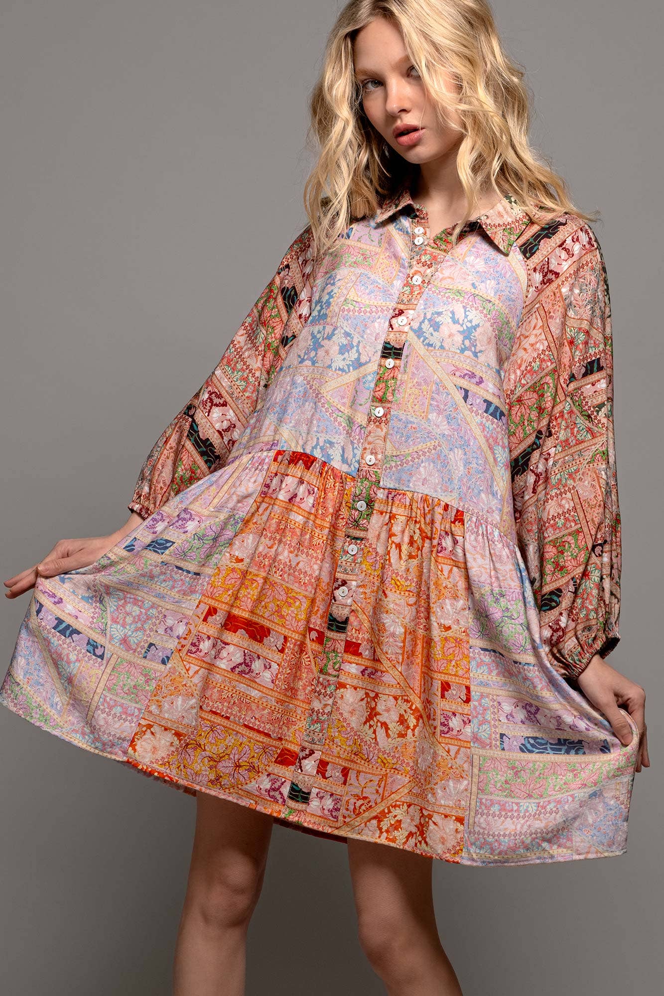 Retro Bohemian Button Down Balloon Sleeve Mini Dress