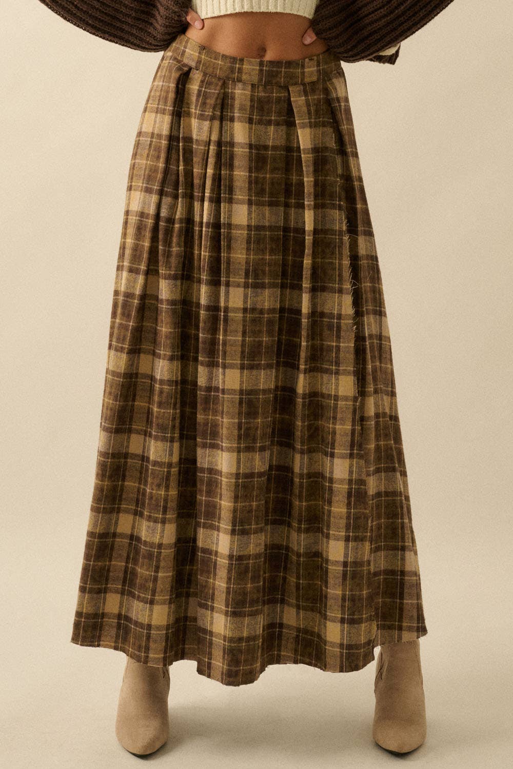 Daisy Plaid Raw Hem Maxi Skirt