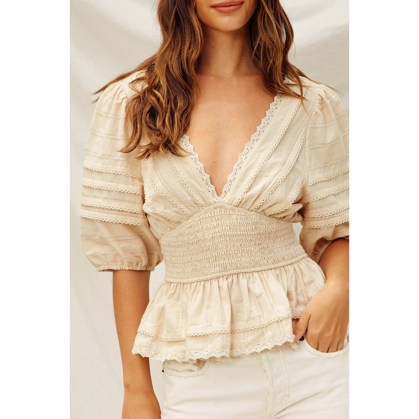 Pearl - Lacy Cotton Jacquard Smocked Waist Peplum Top