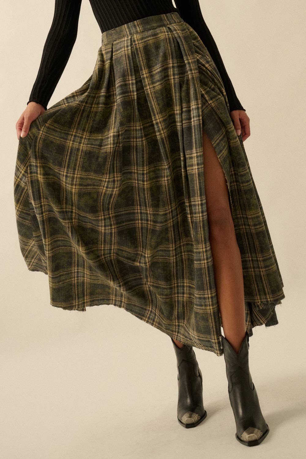Daisy Plaid Raw Hem Maxi Skirt