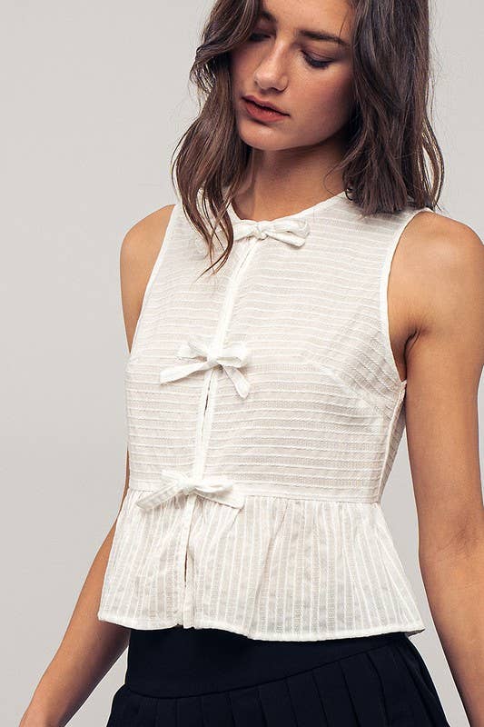 Robin -Romantic Triple Bow Front Textured White Babydoll Vest