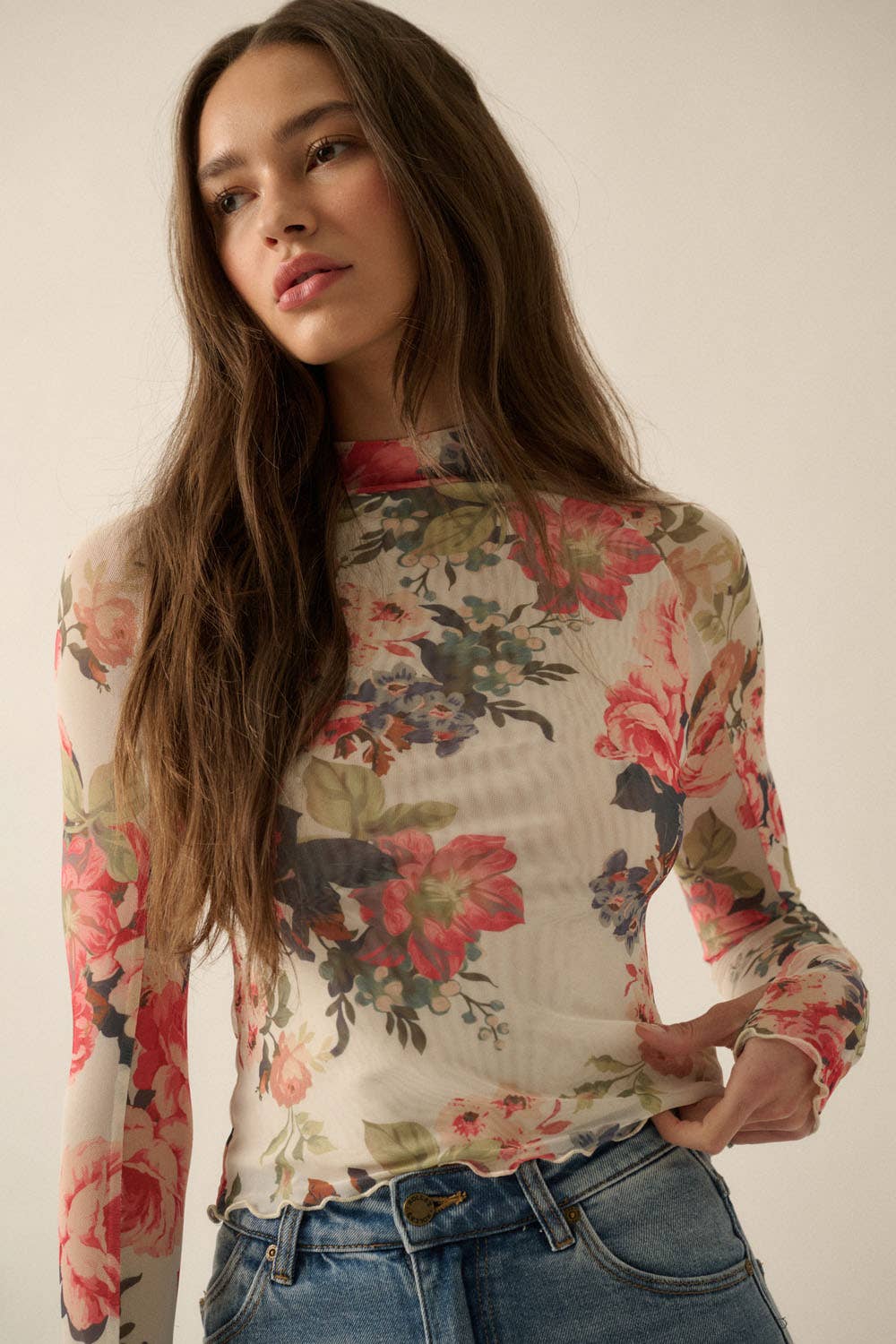 Poppy - Floral-Print Mesh Mock-Neck Thumbhole Top