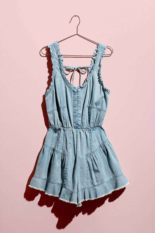 Sandy Ruffle Open-Back Denim Romper