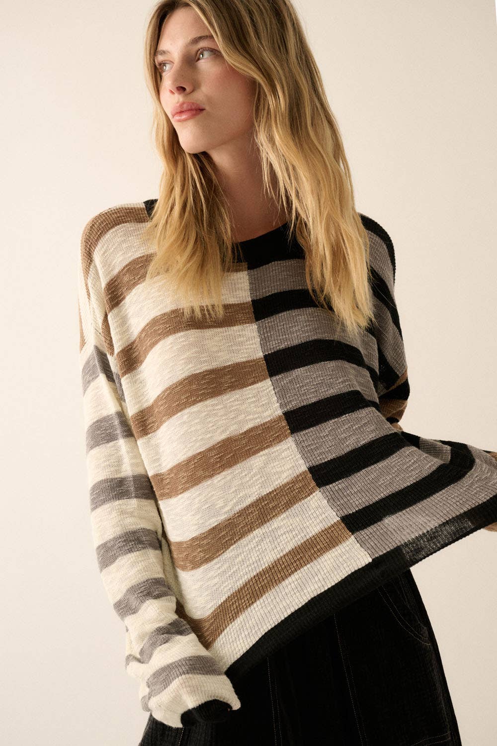Claire - Contrast Color Stripes Ribbed-Knit Sweater