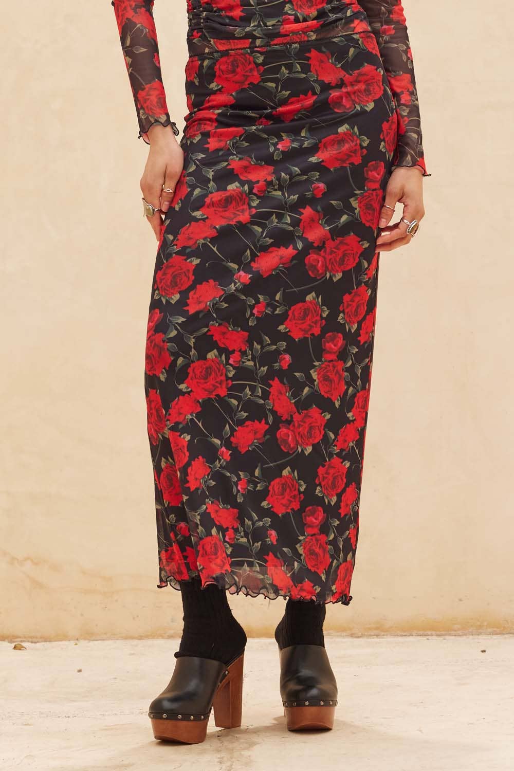 Ruby - Rose Print Mesh Straight Maxi Skirt