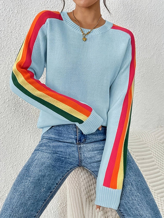 Rory- Retro Vibe Rainbow Sleeves Ribbed Neck Knit Sweater