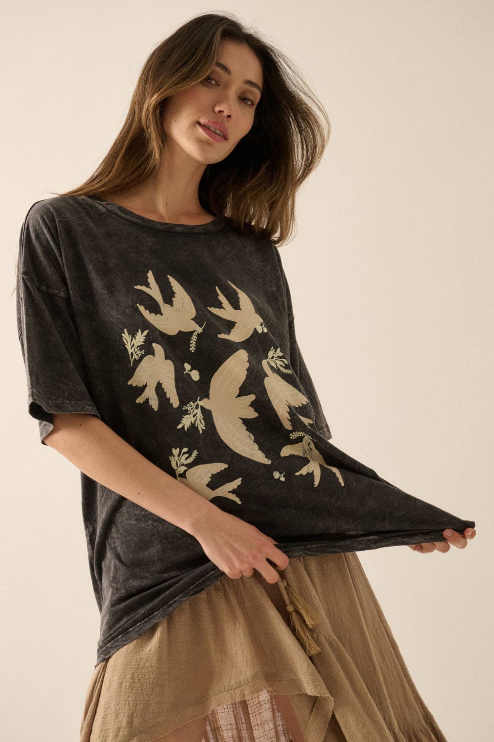 Val - Vintage Birds Mineral Washed Oversized Graphic Tee