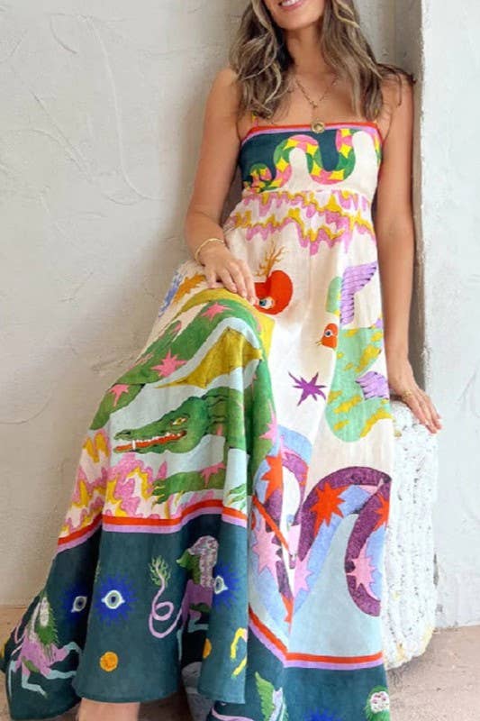 Wonderland print swing strap fairy polyester dress