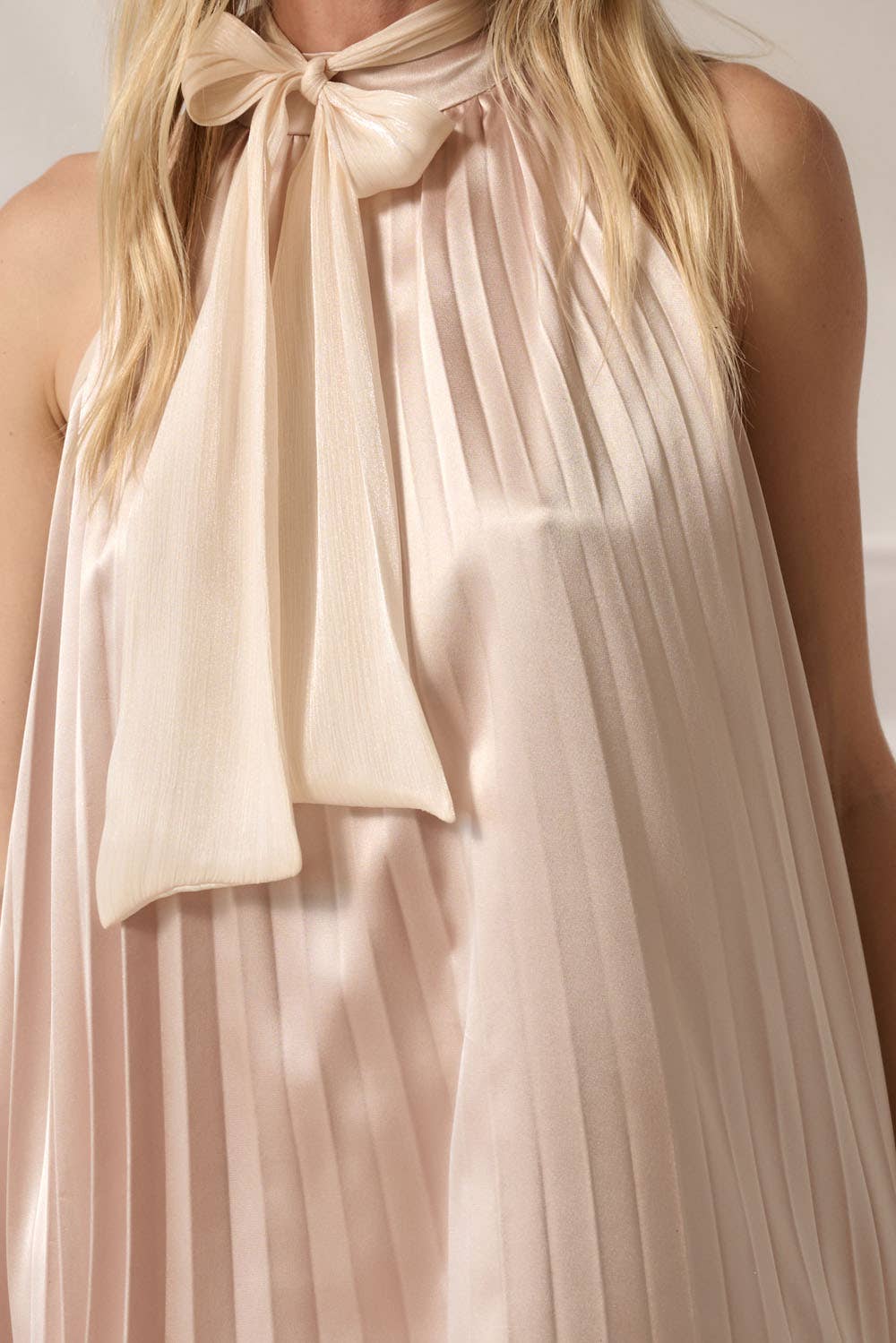 Staci - Satin Accordion-Pleated Halter Swing Dress
