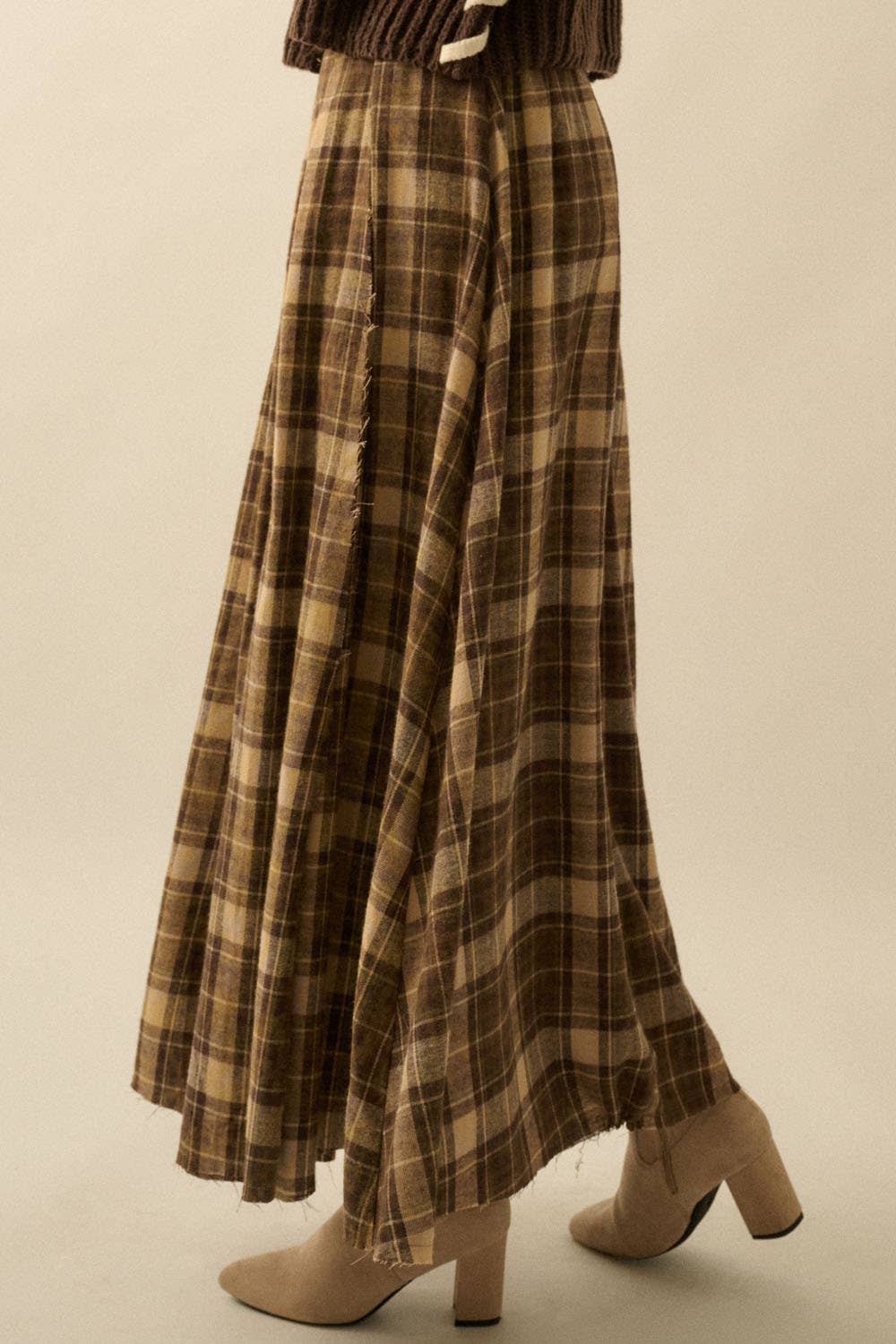 Daisy Plaid Raw Hem Maxi Skirt