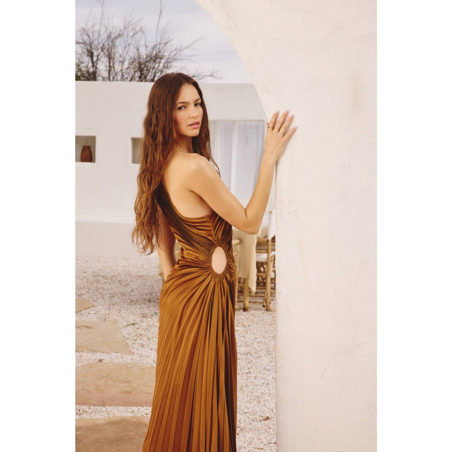 Olympia Asymmetrical Pleated Maxi Dress