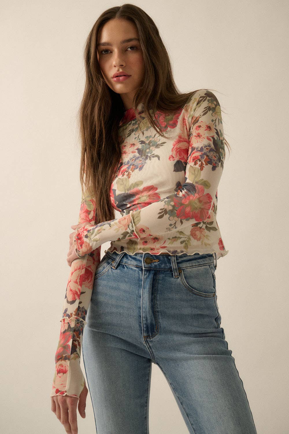 Poppy - Floral-Print Mesh Mock-Neck Thumbhole Top