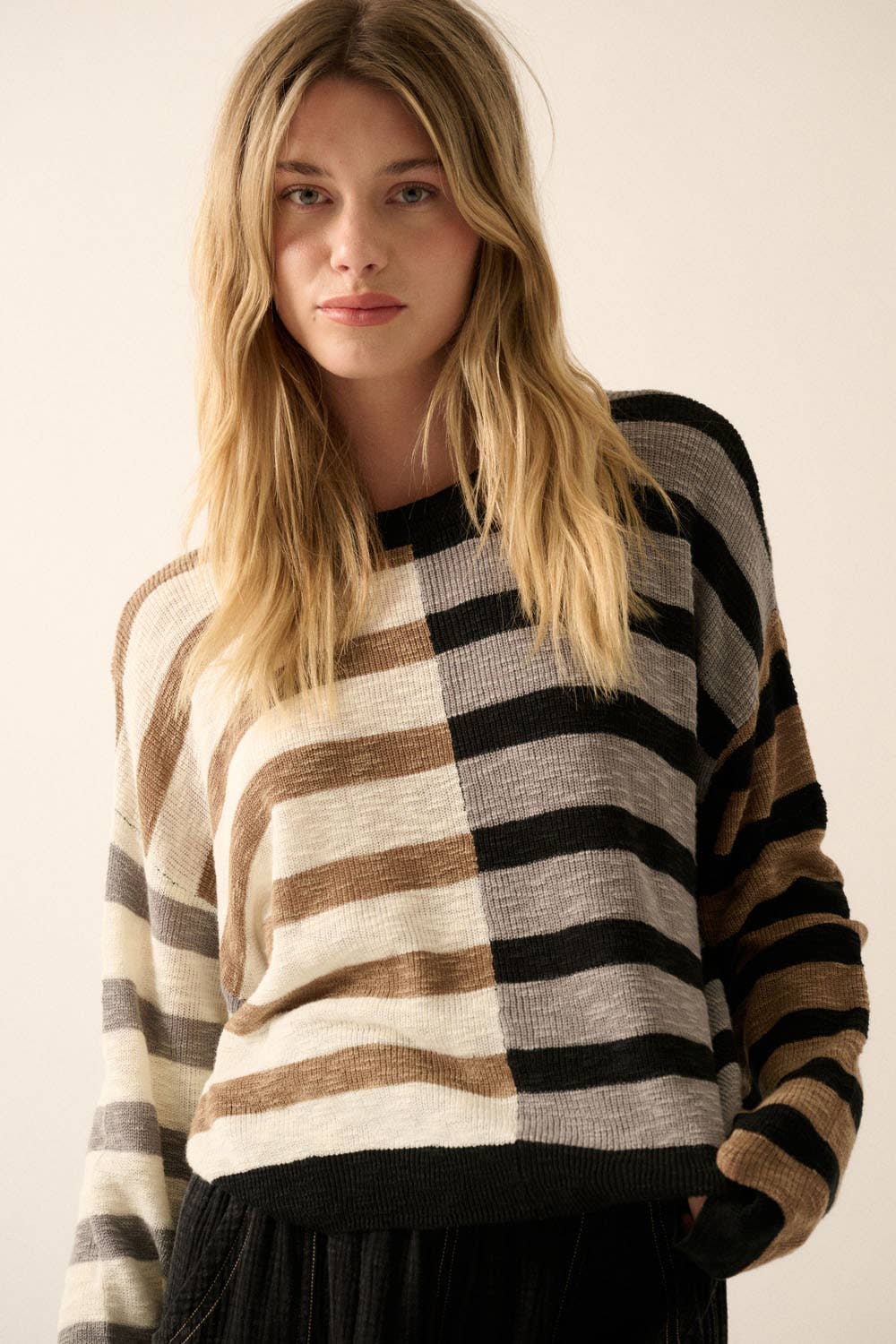Claire - Contrast Color Stripes Ribbed-Knit Sweater