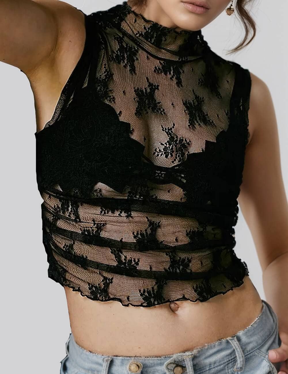 Ladies Lux Floral See Through Lace Sleeveless Blouse
