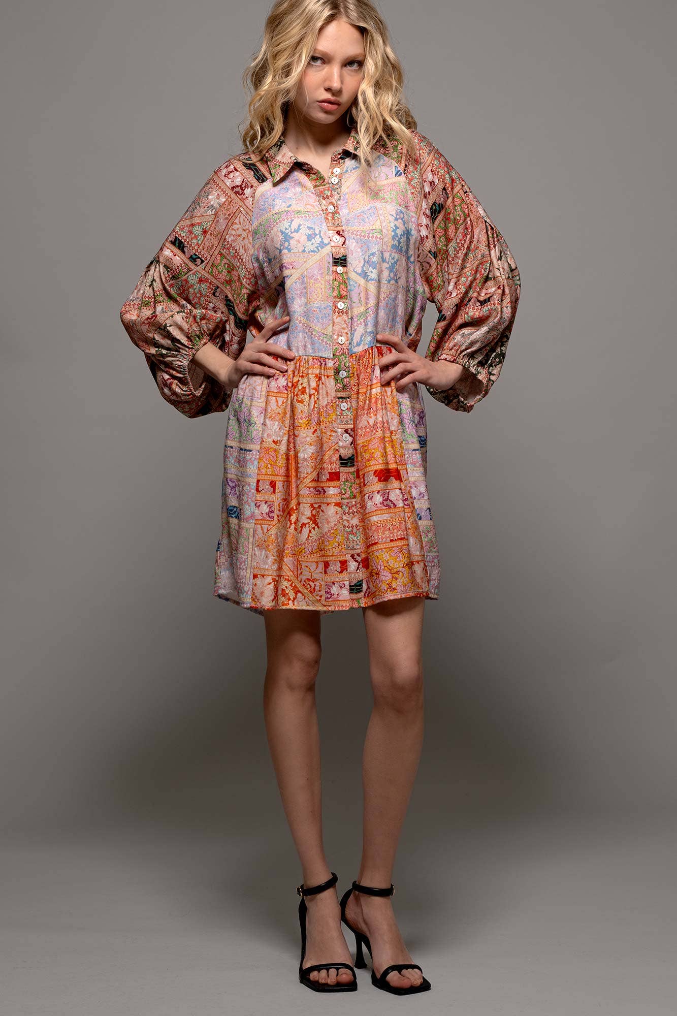 Retro Bohemian Button Down Balloon Sleeve Mini Dress
