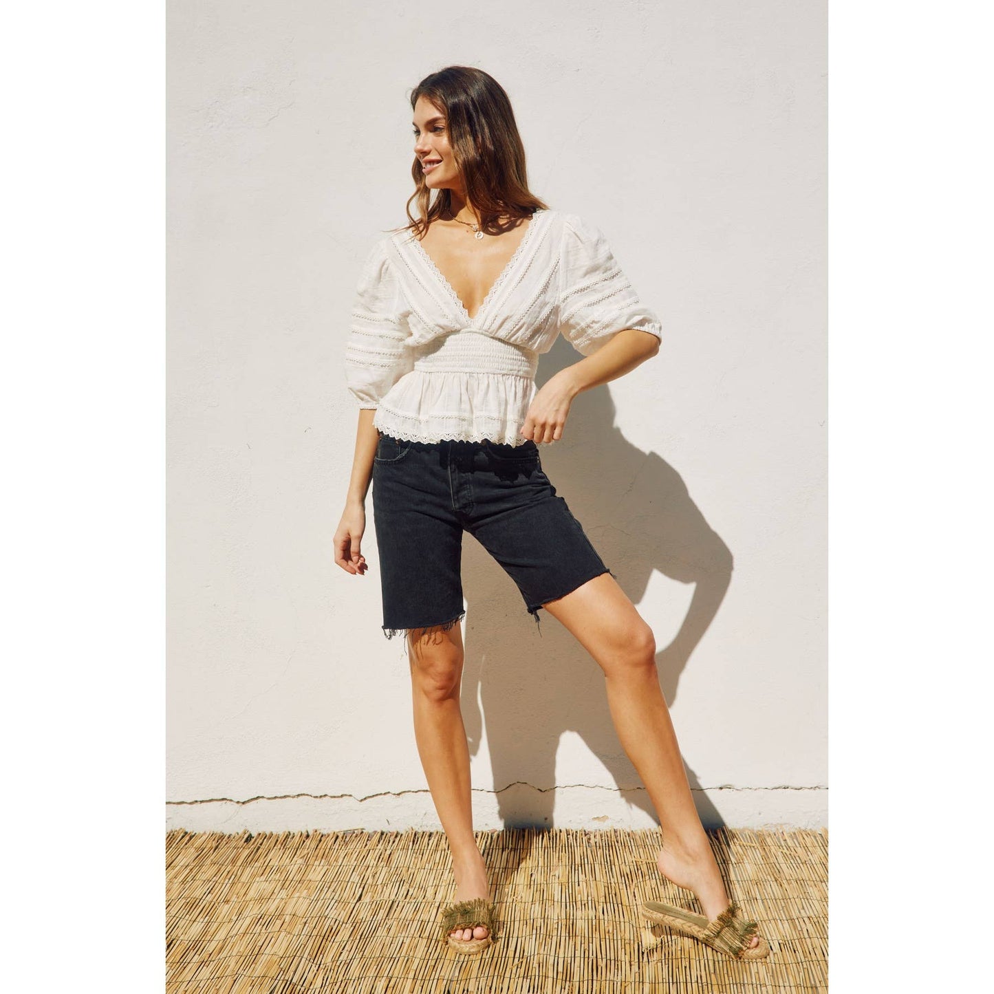 Pearl - Lacy Cotton Jacquard Smocked Waist Peplum Top