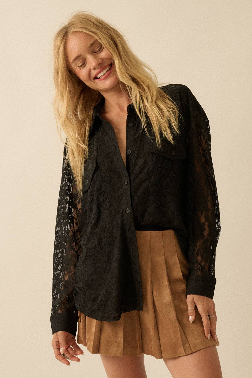 Francine Floral Lace Button-Up Pocket Shirt