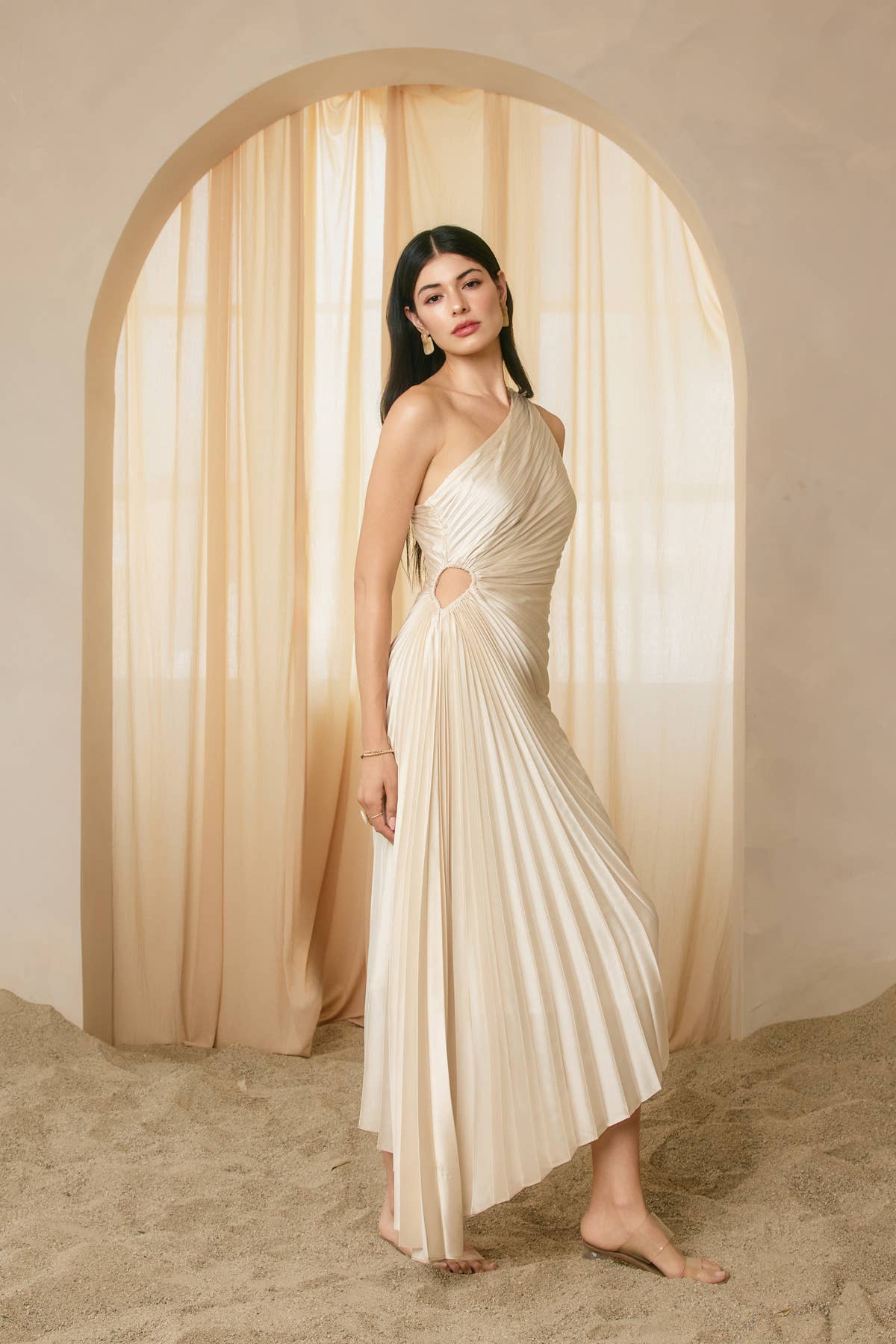 Olympia Asymmetrical Pleated Maxi Dress